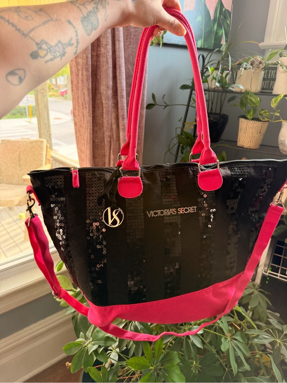 Victoria's Secret Black Sequin Tote with Pink Trim and Handles